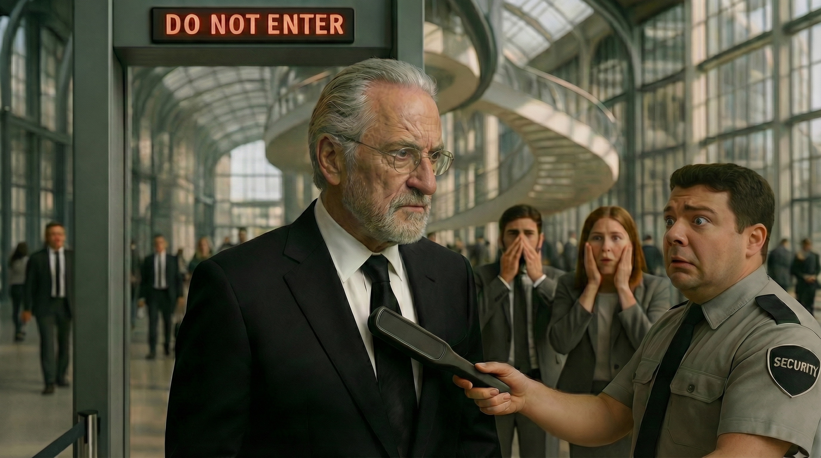 Concept art of billionaire Mason Blaine facing reporters at an airport checkpoint