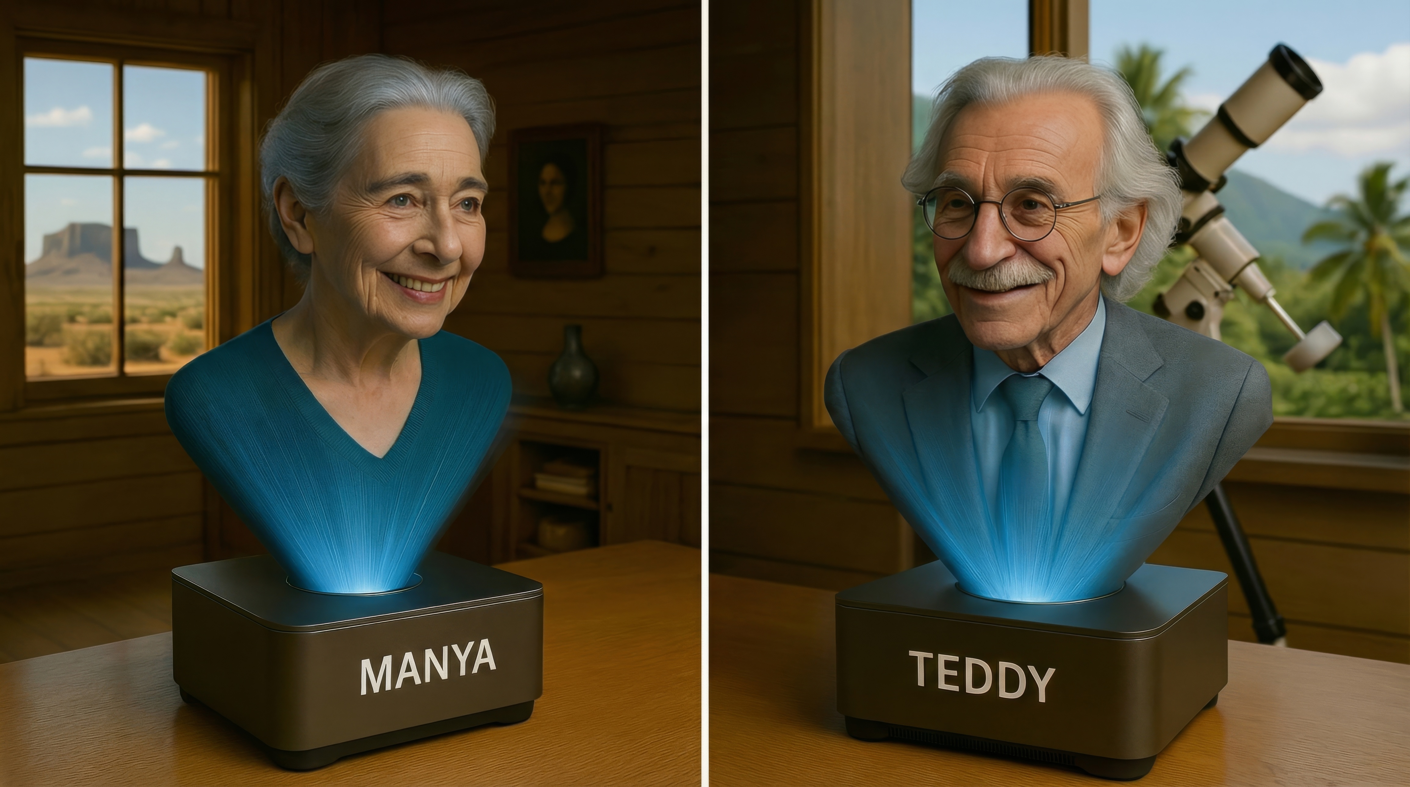 Concept art of Manya and Teddy, the project’s holographic advisory interfaces