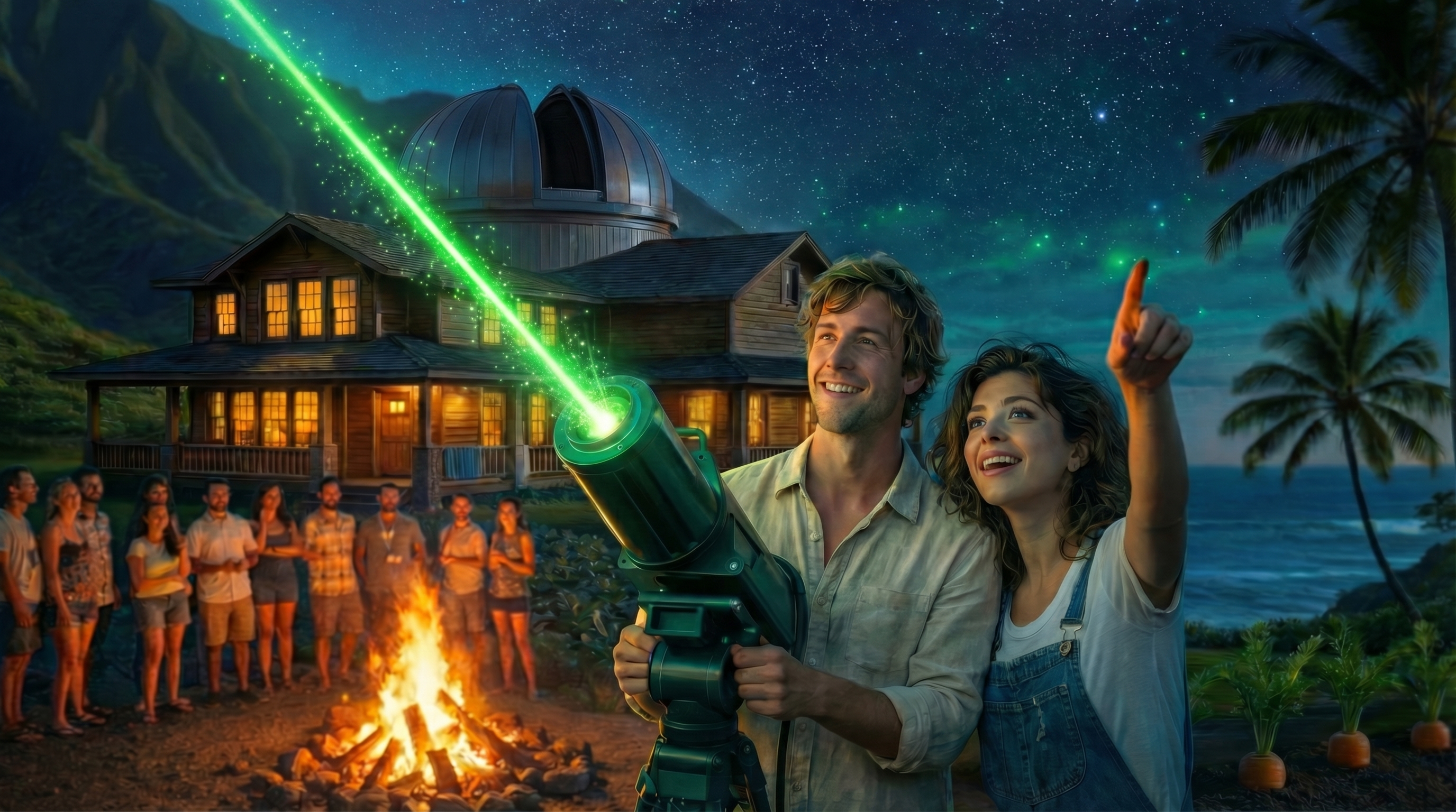 Concept art of Tom and Charlie during the North Shore green-laser experiment