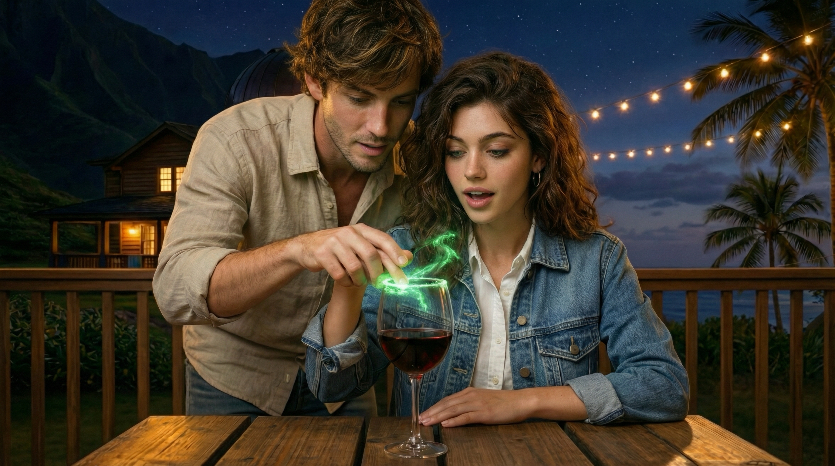 Concept art of Tom guiding Charlie’s hand around a wine-glass rim as a soft green response appears