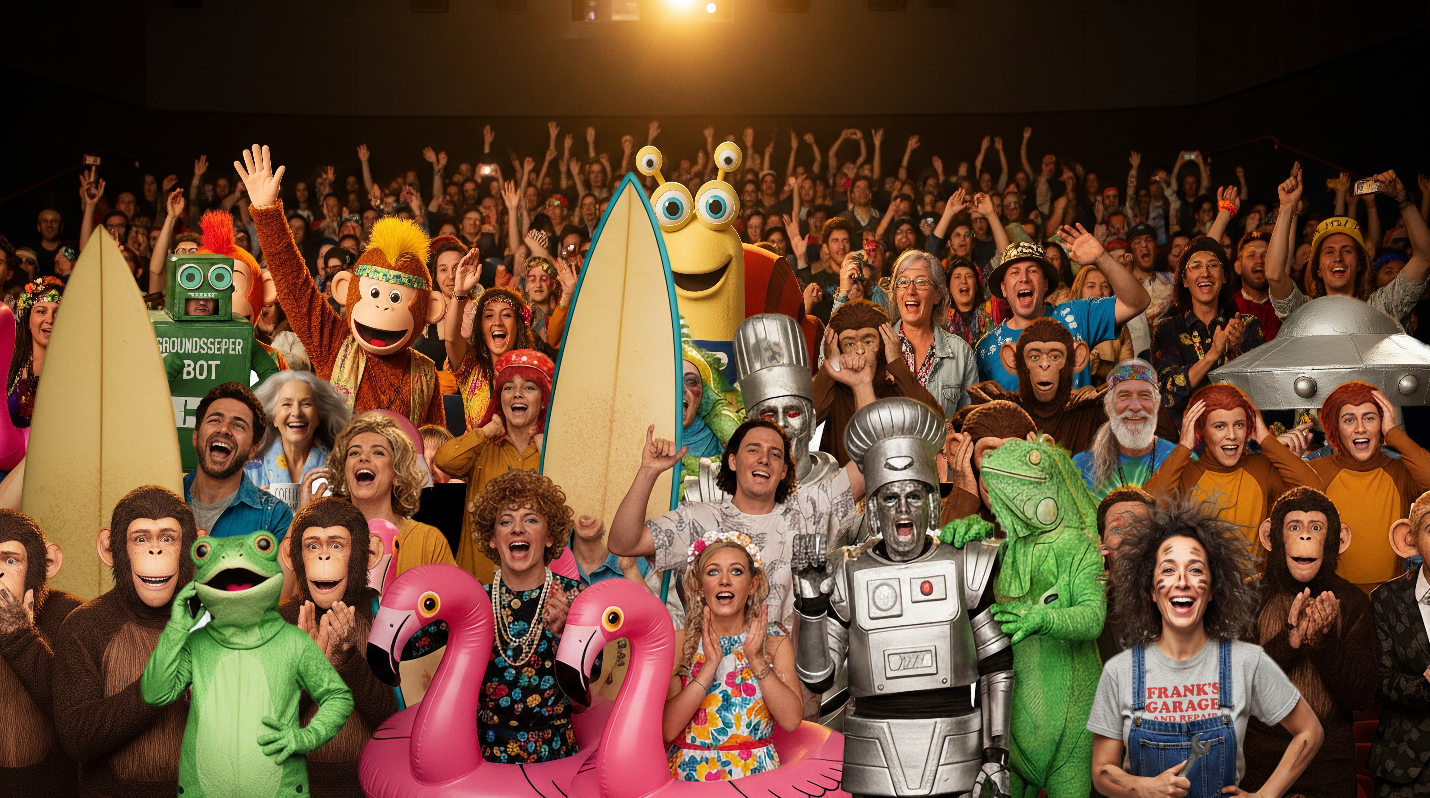 Aspirational concept art of a future Quantum Highway cult-cinema screening with costumes and creatures