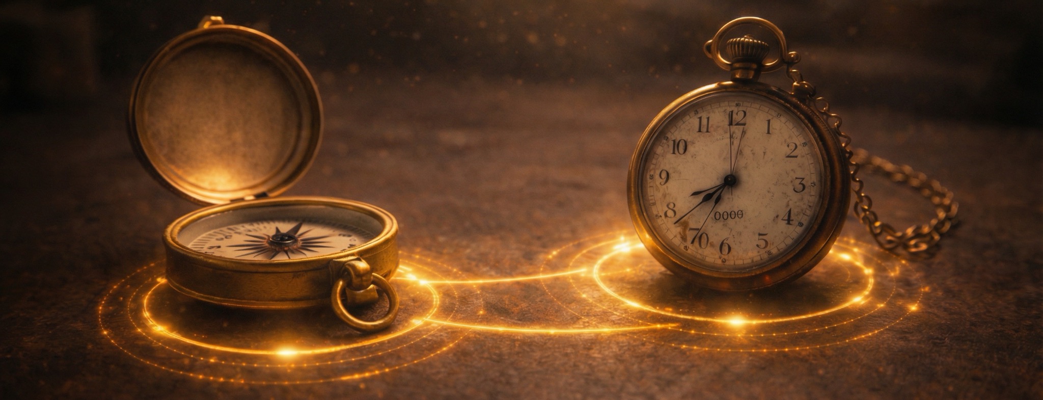 Connected compass and pocket watch representing the time-and-place logic of Quantum Highway