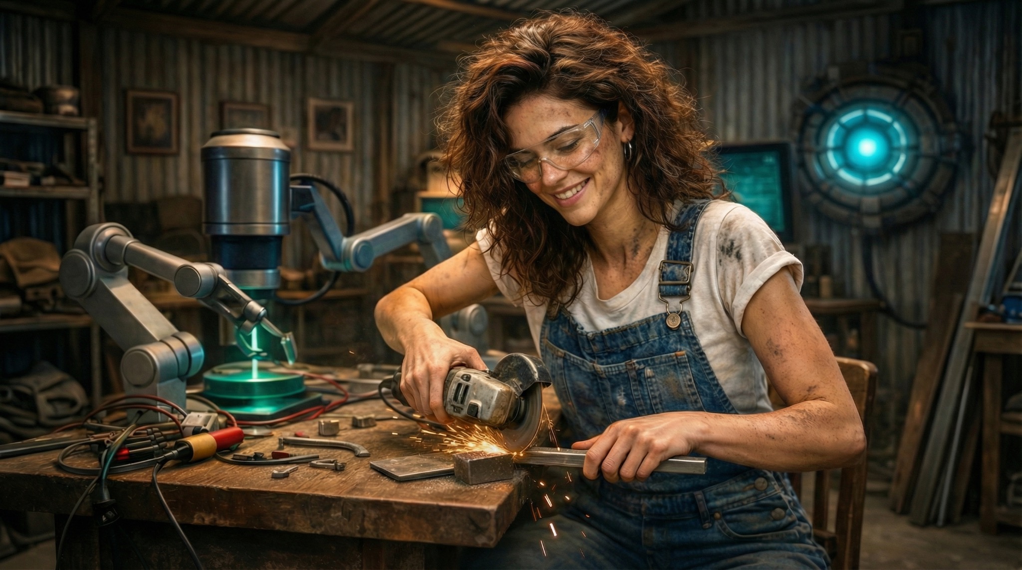 Concept art of Charlie Mercer working in her Nevada garage laboratory