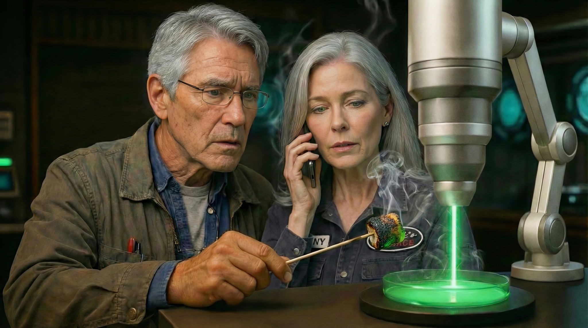 Concept art of Franny Mercer and Norm studying a strange experiment together in the Nevada garage