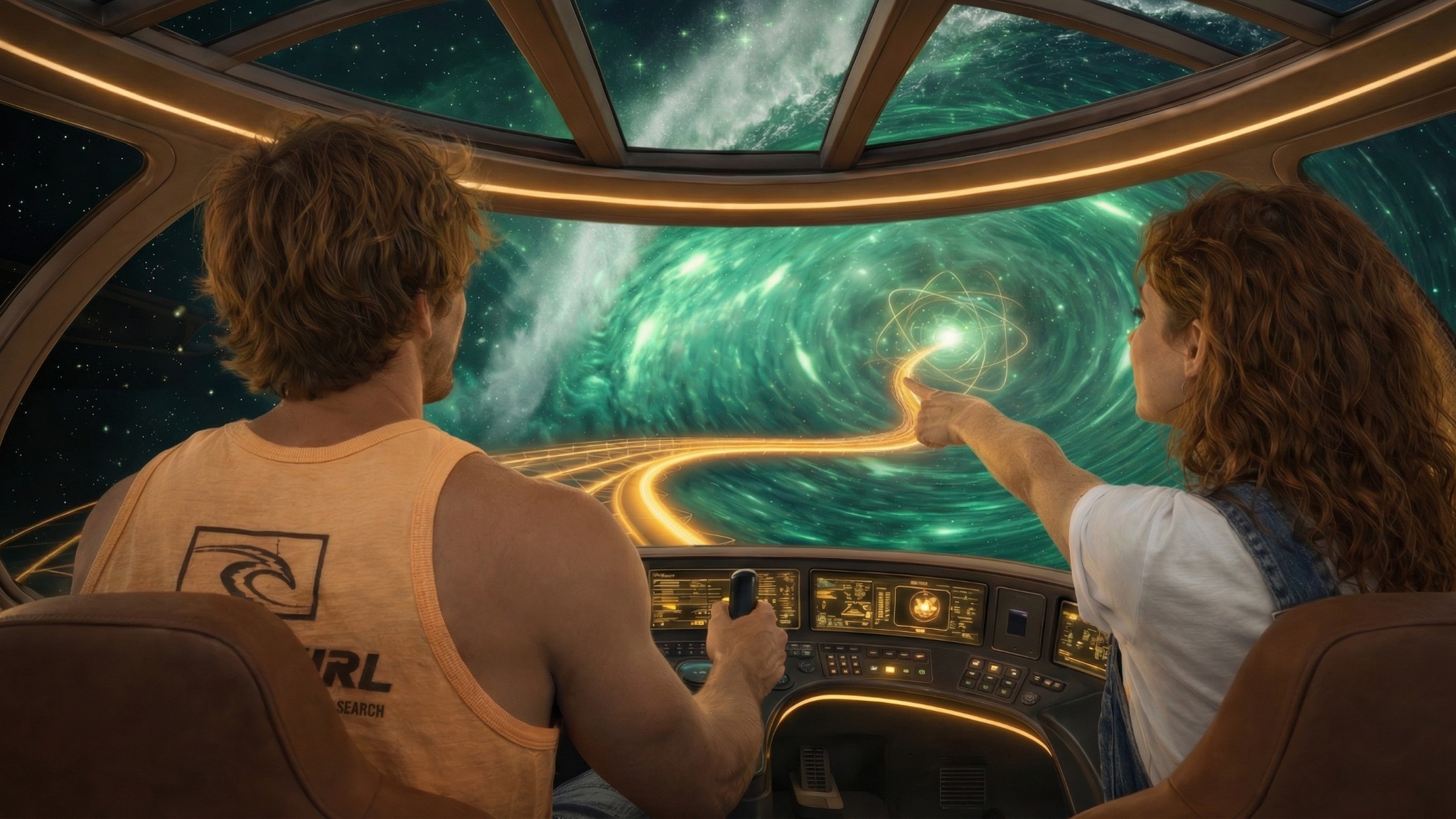 Concept art of Tom and Charlie viewing the Quantum Highway from Lumma’s cockpit