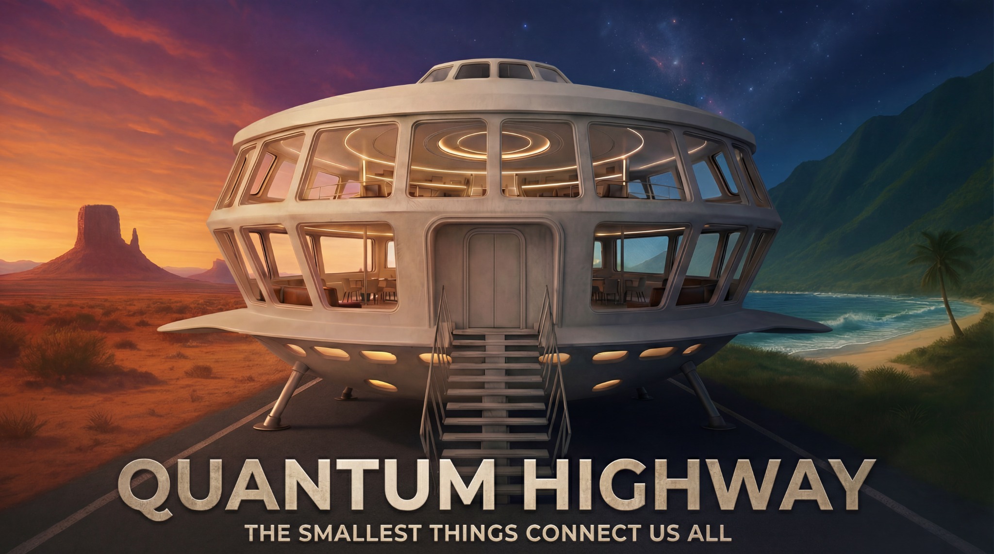 Quantum Highway key art poster — Lumma between desert, ocean and stars