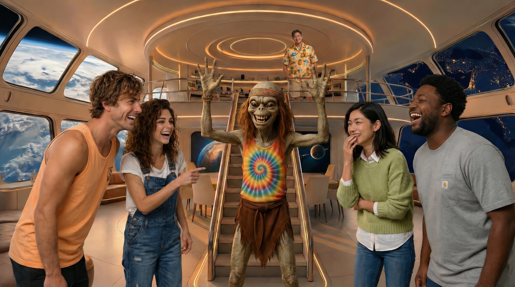 The crew reacts as Quinnman stands on the upper level of Lumma during the staged first-contact scene.