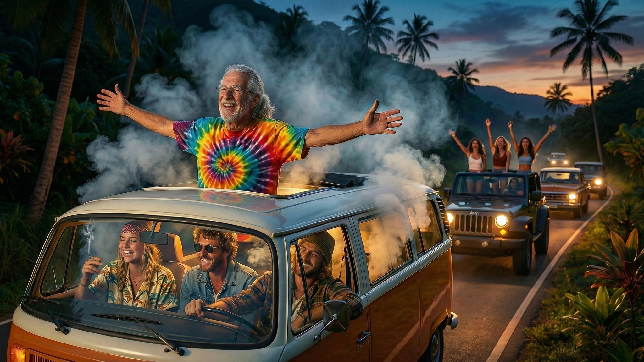 Concept art of Mason Blaine standing above his colourful convoy in Hawai‘i