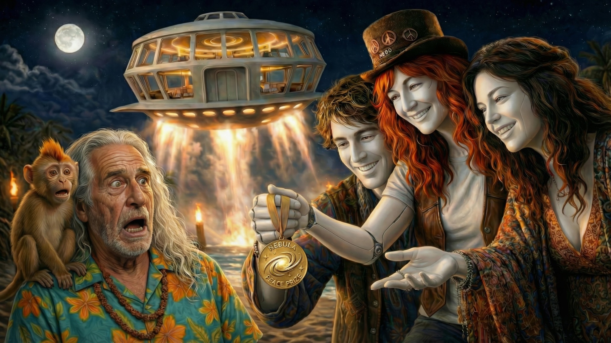 Concept art of Quinnman reacting as a peace prize is presented beneath Lumma