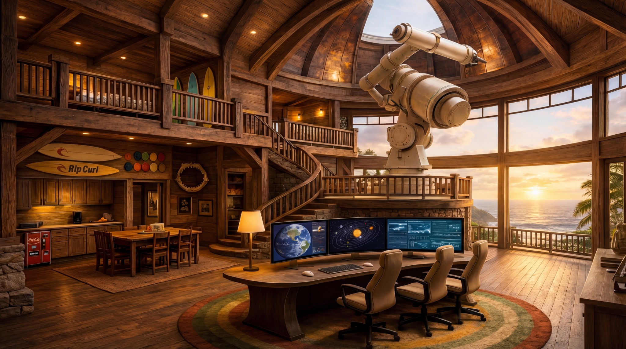 Concept art of the timber interior of Tom Calder’s observatory overlooking the Pacific Ocean