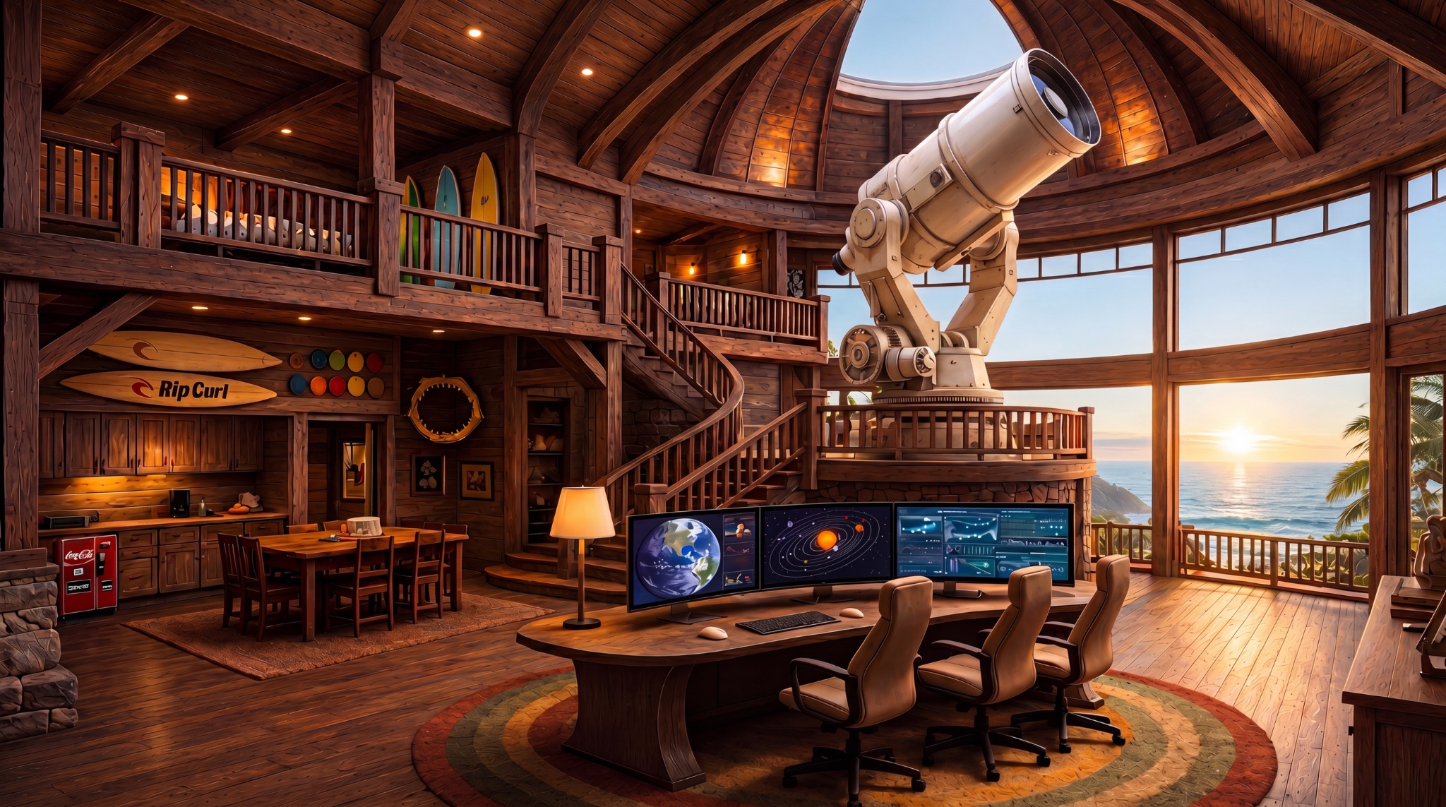 Concept art of the timber interior of Tom Calder’s observatory overlooking the Pacific Ocean