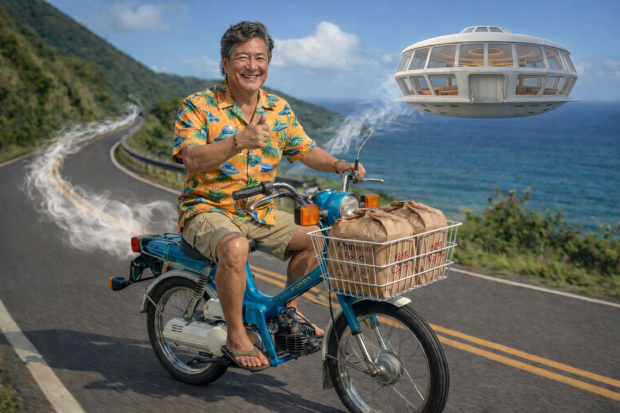 Concept art of Quinnman riding a blue Honda scooter along the Hawai‘i coast as Lumma hovers nearby