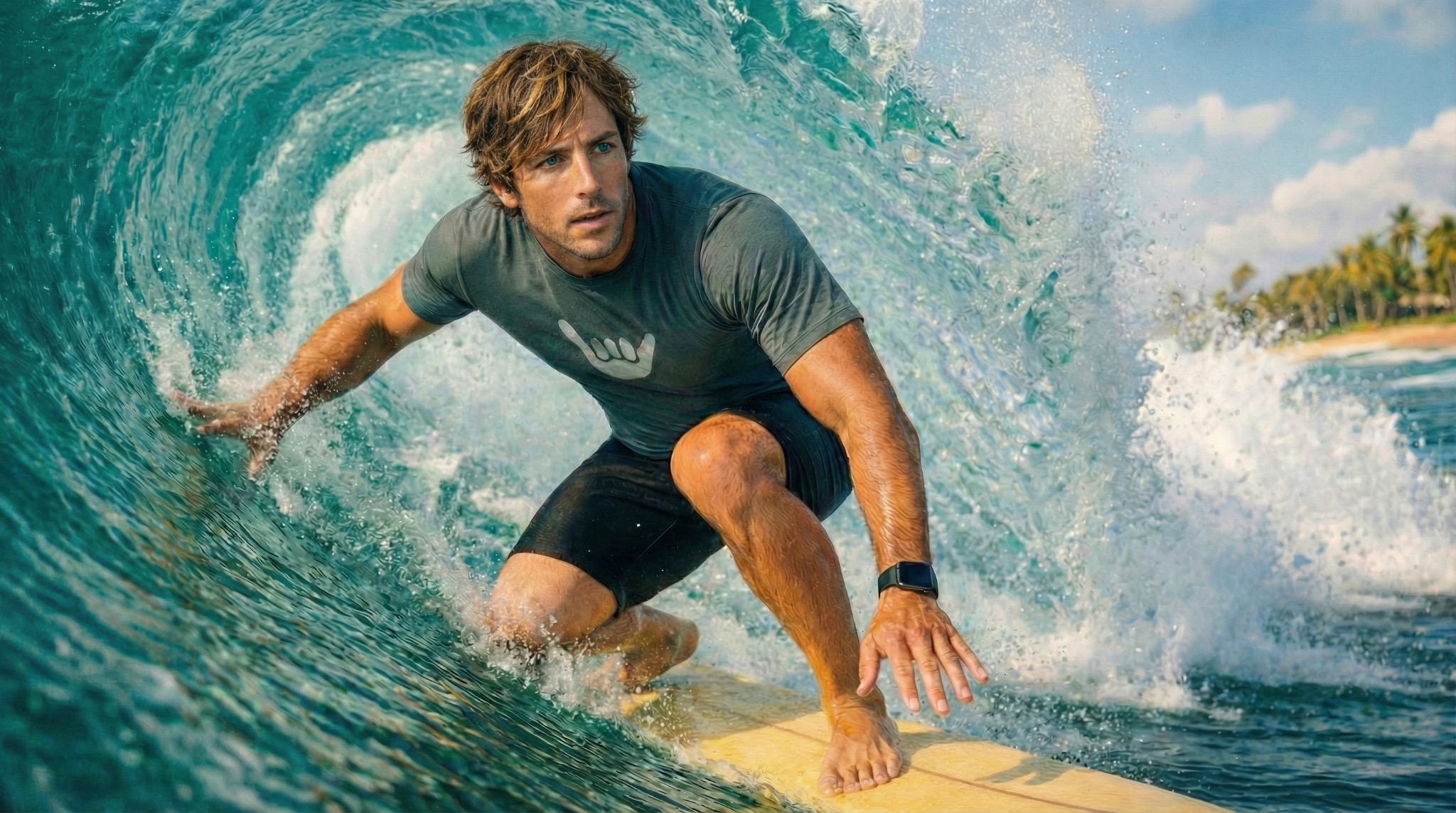 Concept art of Dr. Tom Calder surfing on the North Shore of O‘ahu