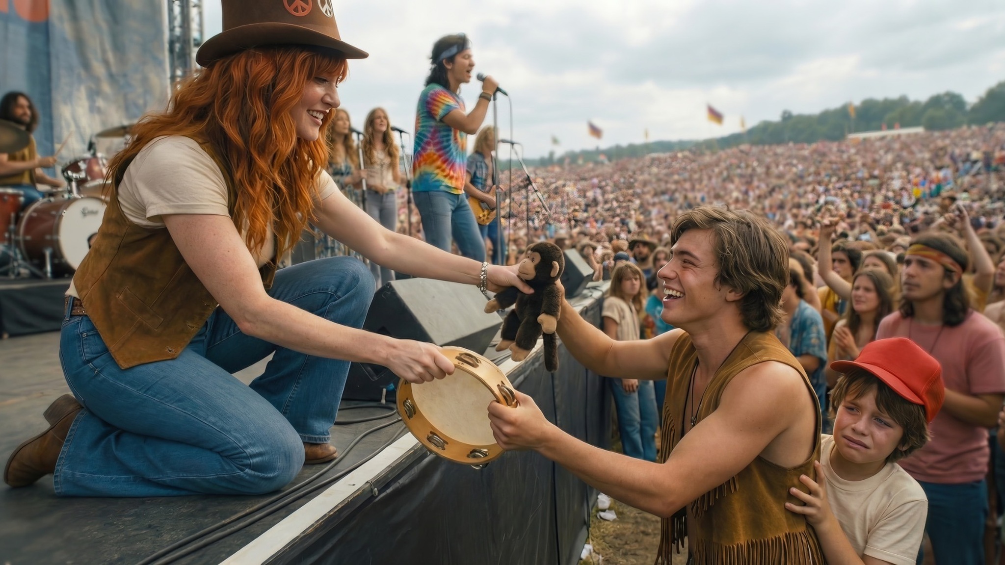 Concept art of Tom Calder at Woodstock receiving a toy monkey and tambourine from a performer